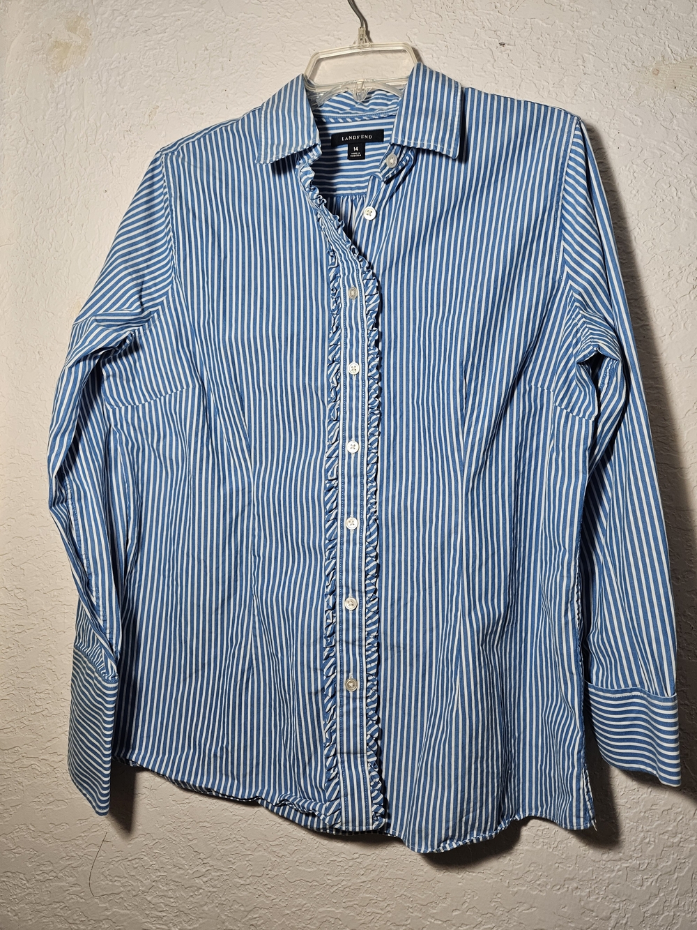 Land's End Blue Striped Button-Down Long Sleeve Cotton 14 Women's Shirt -